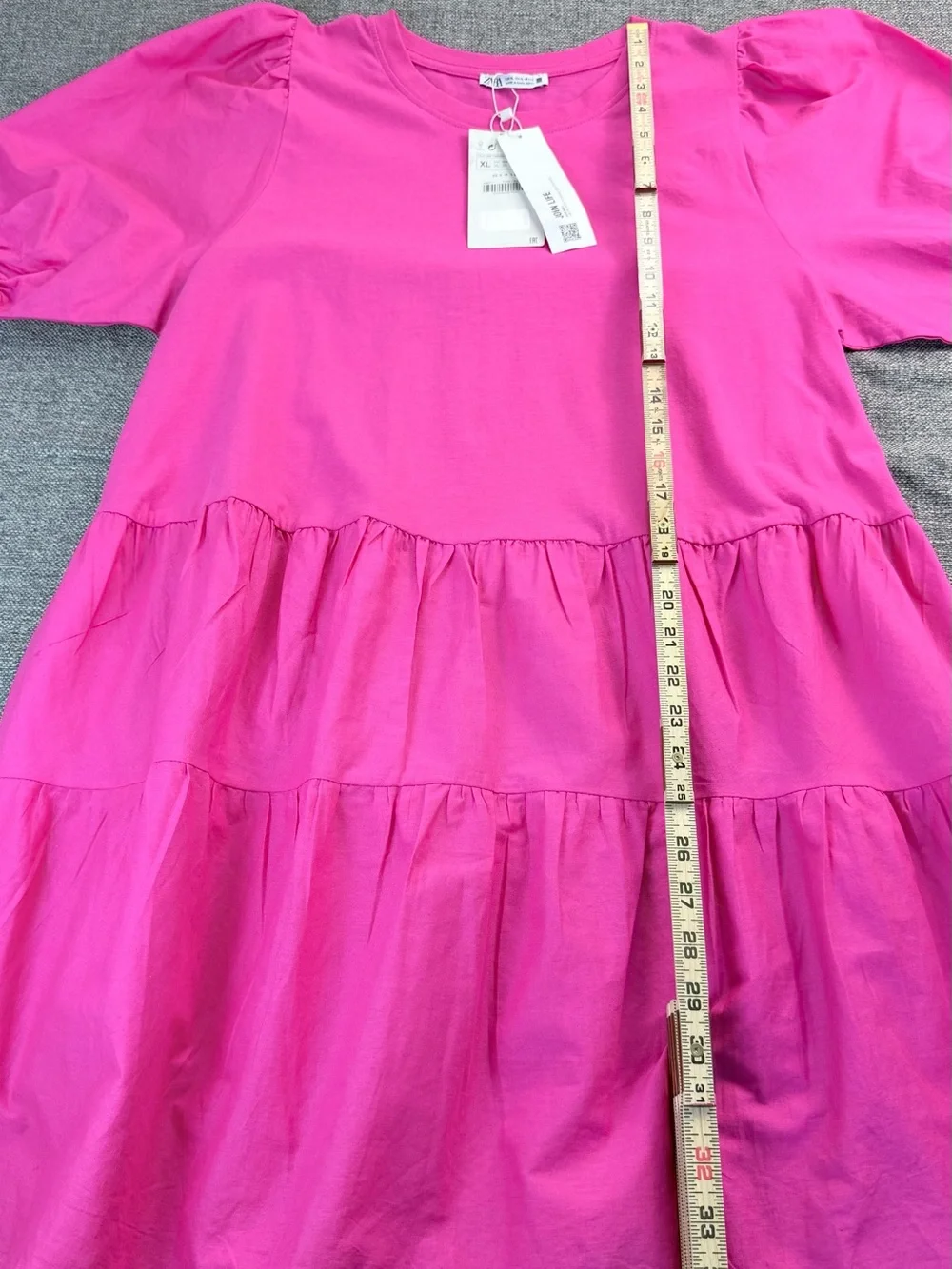 Zara Hot Pink Tiered Puff-Sleeve Dress SzXL - Picture 9 of 12